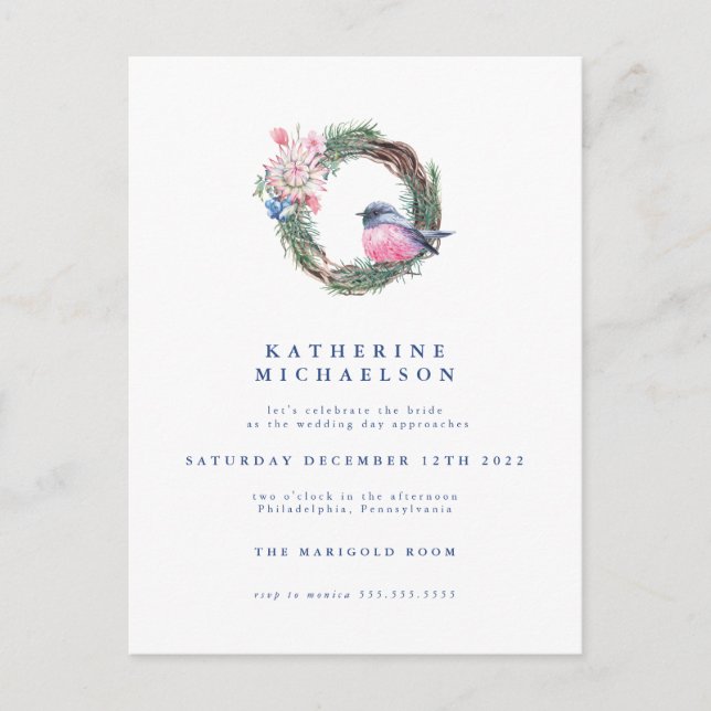 BRIDAL SHOWER | Watercolor Winter Sparrow Wreath Postcard (Front)