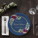 Bridal Shower watercolored florals burgundy blue Paper Plates<br><div class="desc">A trendy Bohemian, boho style paper plate for a bridal shower. Decorated with watercolored roses in burgundy. Elegant navy blue background. A faux gold frame. Templates for the bride's name and a date. With the text: Bridal Shower written with a hand lettered style script. Golden colored letters. Matching paper napkins...</div>