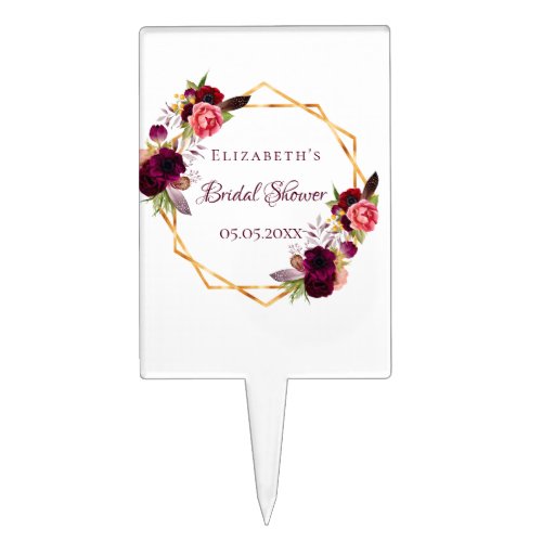 Bridal shower watercolored florals burgundy gold cake topper