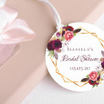 Bridal Shower watercolored florals burgundy gold Classic Round Sticker<br><div class="desc">A trendy Bohemian boho style sticker for a bridal shower. Decorated with watercolored roses in burgundy and pink. Elegant white background. A faux gold geometric frame. Templates for the bride's name and a date. With the text: Bridal Shower written with a hand lettered style script. Burgundy colored letters. Great for...</div>