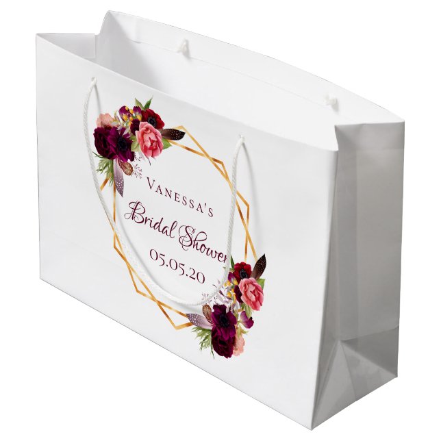 Bridal Shower watercolored florals burgundy gold Large Gift Bag (Back Angled)