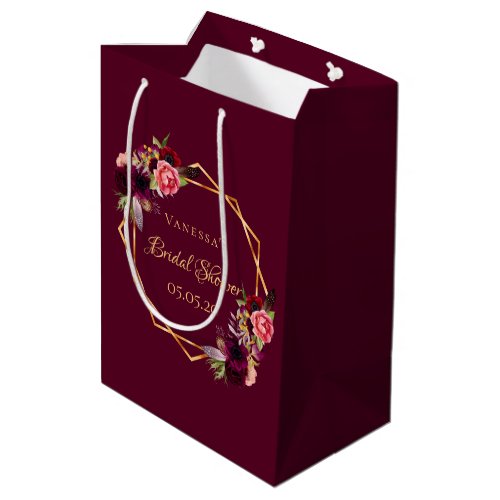 Bridal Shower watercolored florals burgundy gold Medium Gift Bag