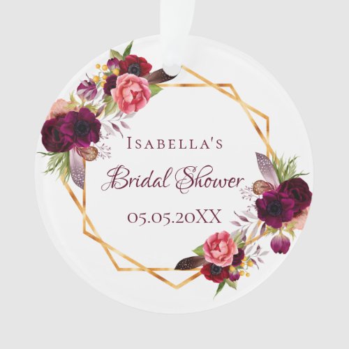 Bridal Shower watercolored florals burgundy gold Ornament