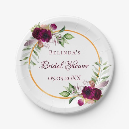 Bridal Shower watercolored florals burgundy Paper Plates