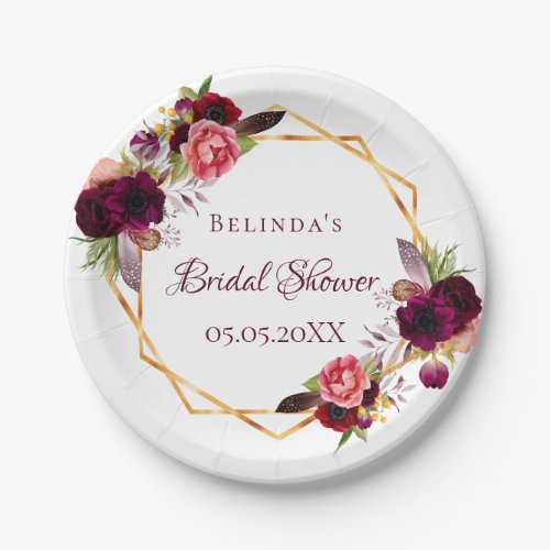 Bridal Shower watercolored florals burgundy Paper Plates