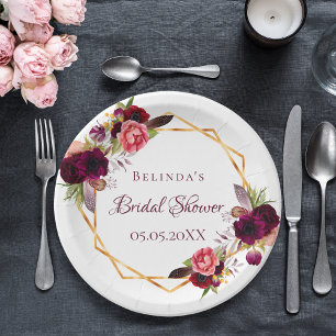 Bridal Shower watercolored florals burgundy Paper Plates