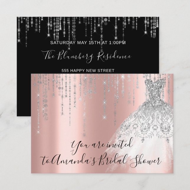Bridal Shower Waves Dress Gray Grey Silver Rose Invitation (Front/Back)
