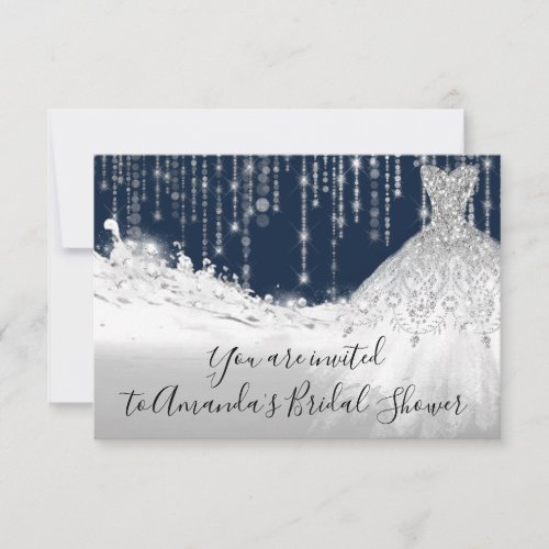 Bridal Shower Waves Glitter Gray Grey Navy Spark Invitation