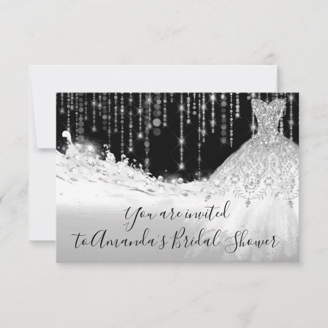 Bridal Shower Waves Glitter Gray Grey Silver Black Invitation (Front)