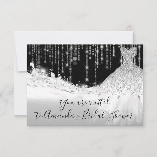 Bridal Shower Waves Glitter Gray Grey Silver Black Invitation