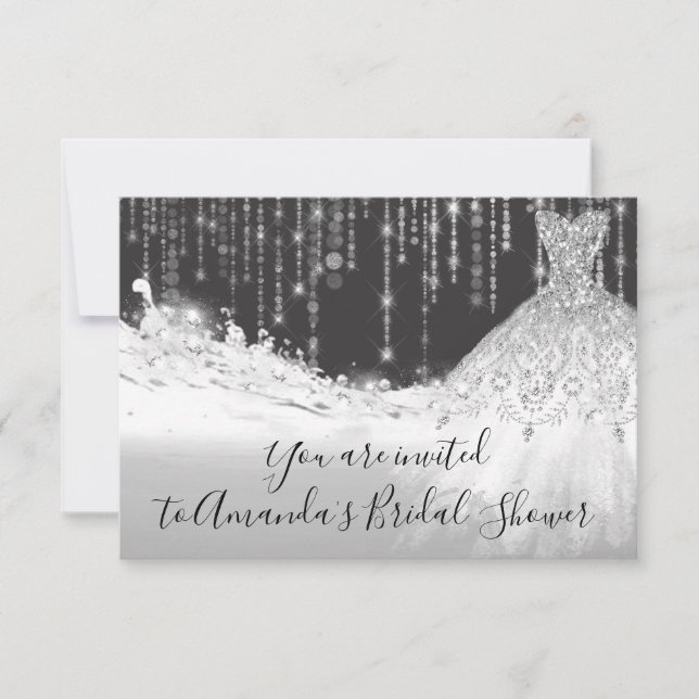 Bridal Shower Waves Glitter Gray Grey Silver Spark Invitation (Front)