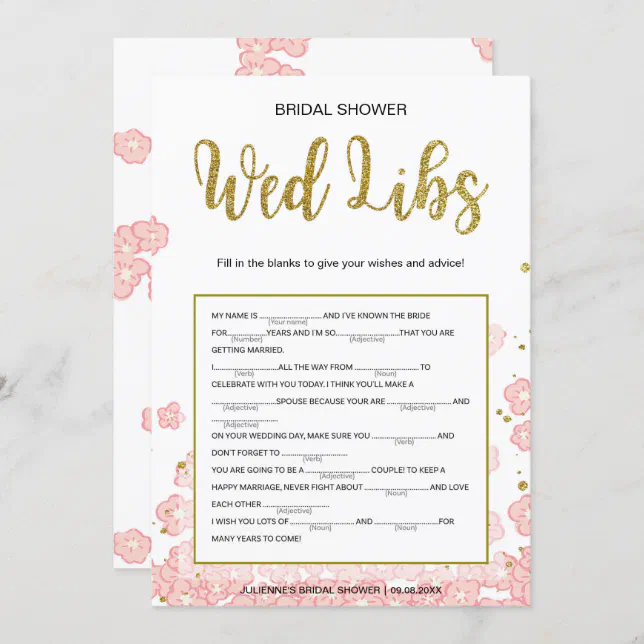 Bridal Shower Wed Libs Card | Gold and Pink | Zazzle