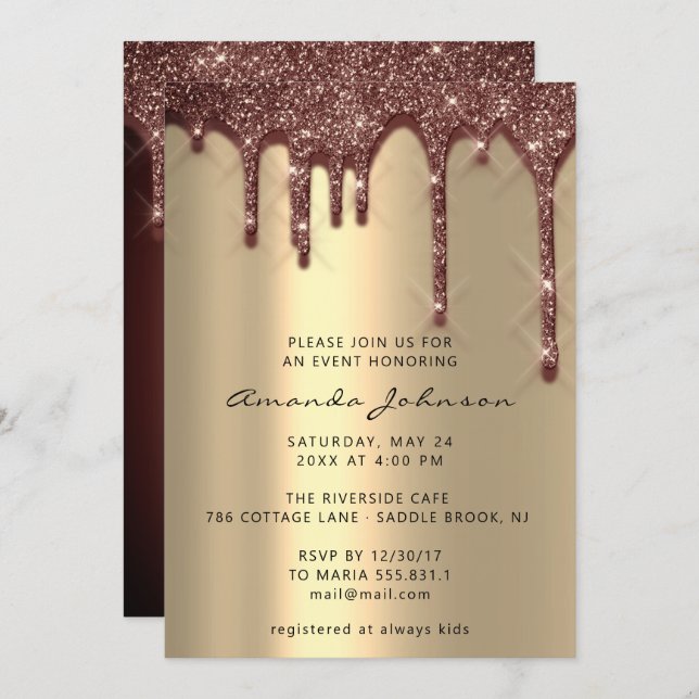 Bridal Shower Wedding Birthday Gold Brown  Drips Invitation (Front/Back)
