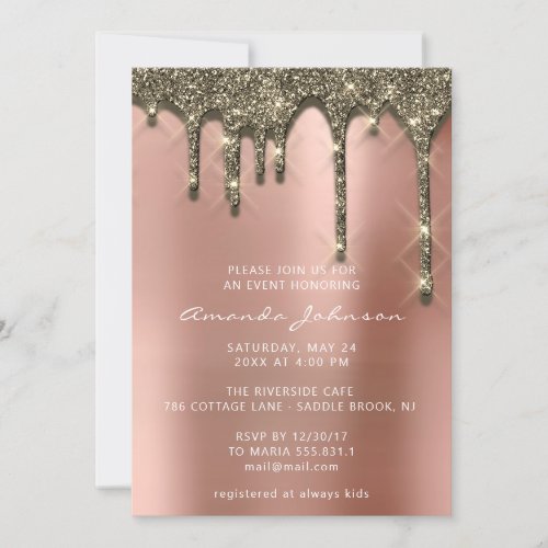 Bridal Shower Wedding Birthday Rose Gold Drip Invitation