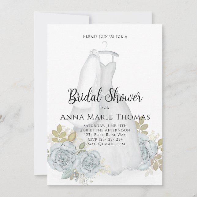 Bridal Shower Wedding Dress Elegant Blue Floral  Invitation (Front)