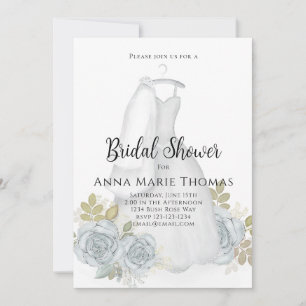 Bridal Shower Wedding Dress Elegant Blue Floral Invitation