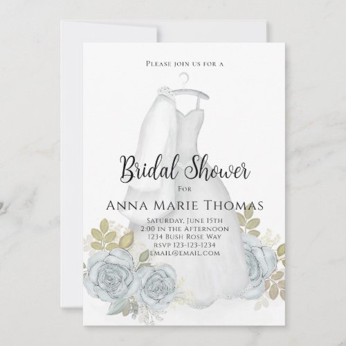 Bridal Shower Wedding Dress Elegant Blue Floral  Invitation