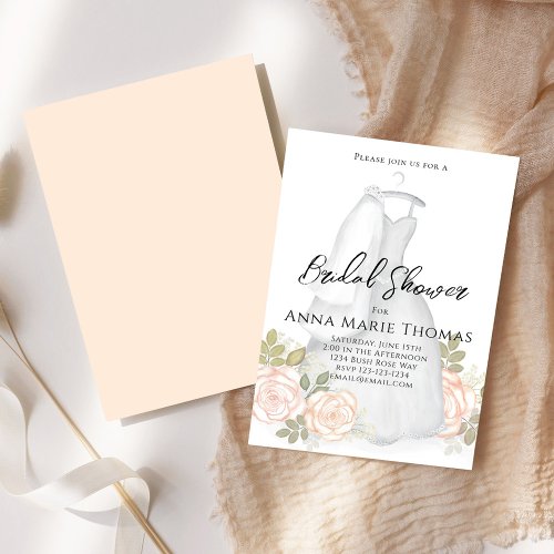 Bridal Shower Wedding Dress Elegant Blush Floral  Invitation
