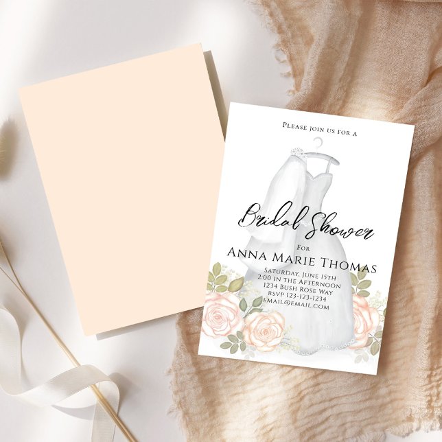 Bridal Shower Wedding Dress Elegant Blush Floral  Invitation (Bridal shower elegant wedding gown calligraphy script invitations.)