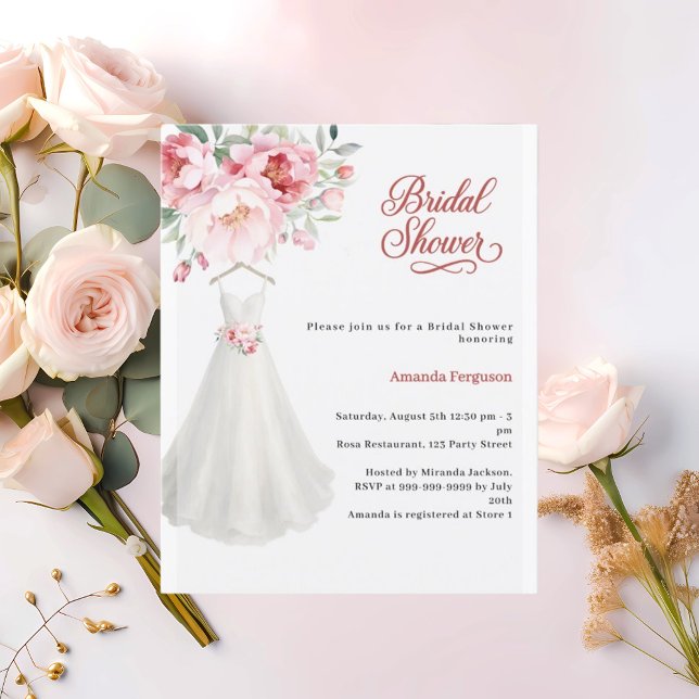 Bridal shower wedding dress pink floral invitation (Creator Uploaded)