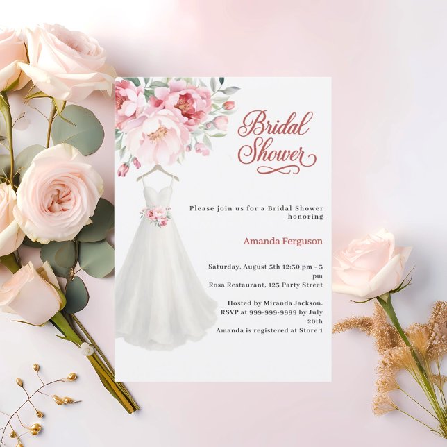 Bridal shower wedding dress pink flowers invitation (Creator Uploaded)
