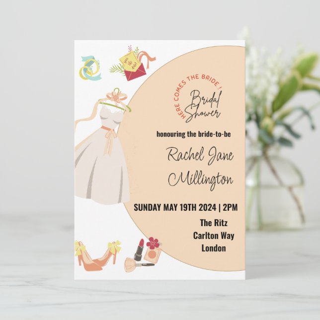 Bridal Shower wedding dress, shoes, lipstick. Edit Invitation (Standing Front)