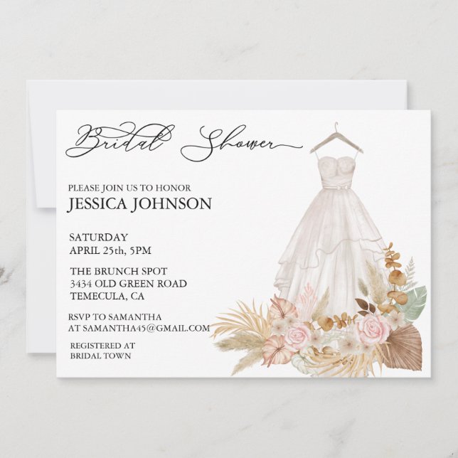  Bridal Shower Wedding Dress Tropical Boho Leaves Invitation (Front)