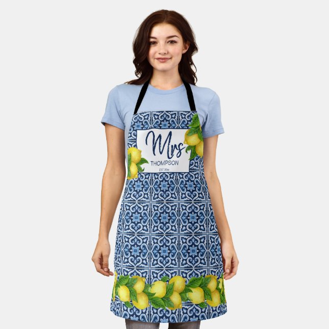 Bridal shower wedding gift blue tiles lemon custo  apron (Worn)