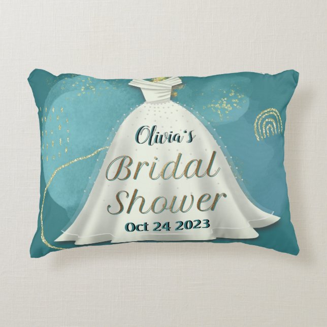 Bridal Shower Wedding Gown Deep Teal Gold Glitter  Accent Pillow (Front)