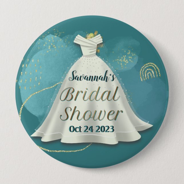 Bridal Shower Wedding Gown Deep Teal Gold Glitter  Button (Front)