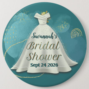 Bridal Shower Wedding Gown Deep Teal Gold Glitter  Button