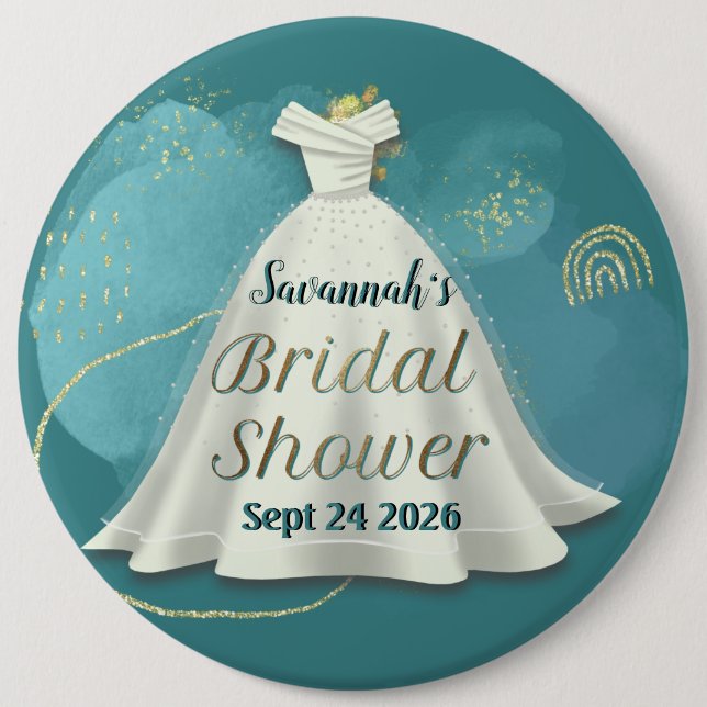 Bridal Shower Wedding Gown Deep Teal Gold Glitter  Button (Front)