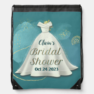 Bridal Shower Wedding Gown Deep Teal Gold Glitter  Drawstring Bag