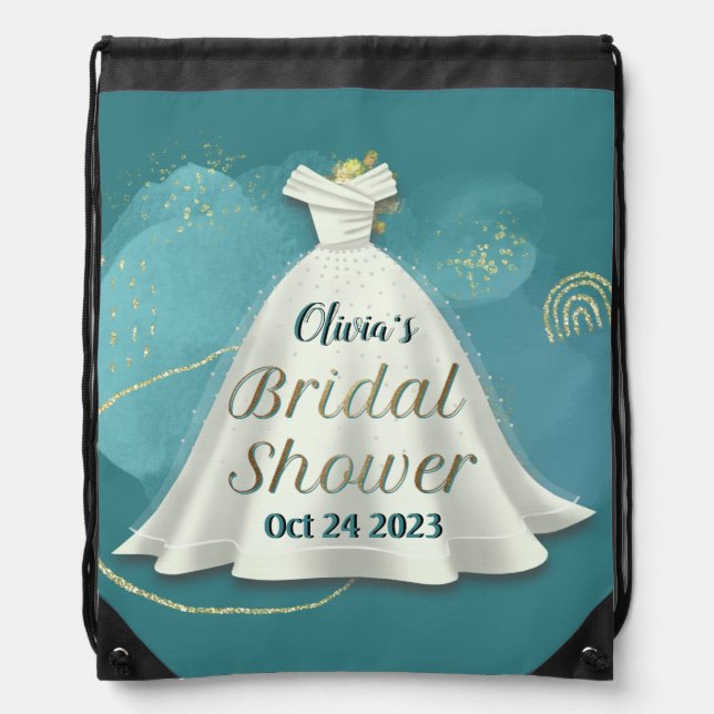 Bridal Shower Wedding Gown Deep Teal Gold Glitter  Drawstring Bag (Front)