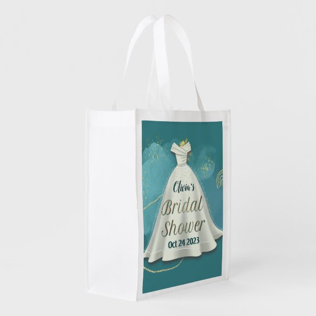 Bridal Shower Wedding Gown Deep Teal Gold Glitter  Grocery Bag (Back Side)