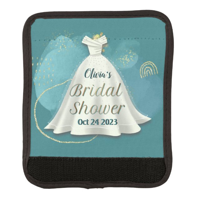 Bridal Shower Wedding Gown Deep Teal Gold Glitter  Luggage Handle Wrap (Front)