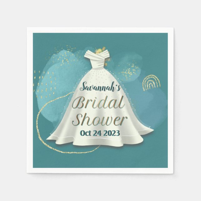 Bridal Shower Wedding Gown Deep Teal Gold Glitter  Napkins (Front)