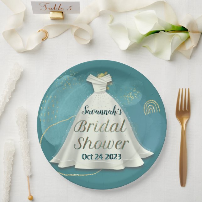 Bridal Shower Wedding Gown Deep Teal Gold Glitter  Paper Plates (Wedding)