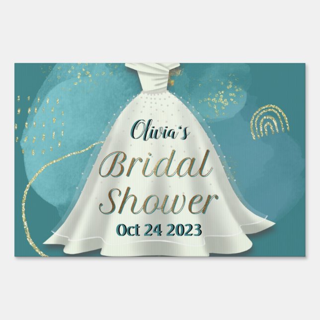 Bridal Shower Wedding Gown Deep Teal Gold Glitter  Sign (Front)
