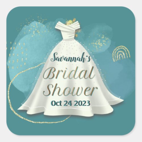 Bridal Shower Wedding Gown Deep Teal Gold Glitter  Square Sticker