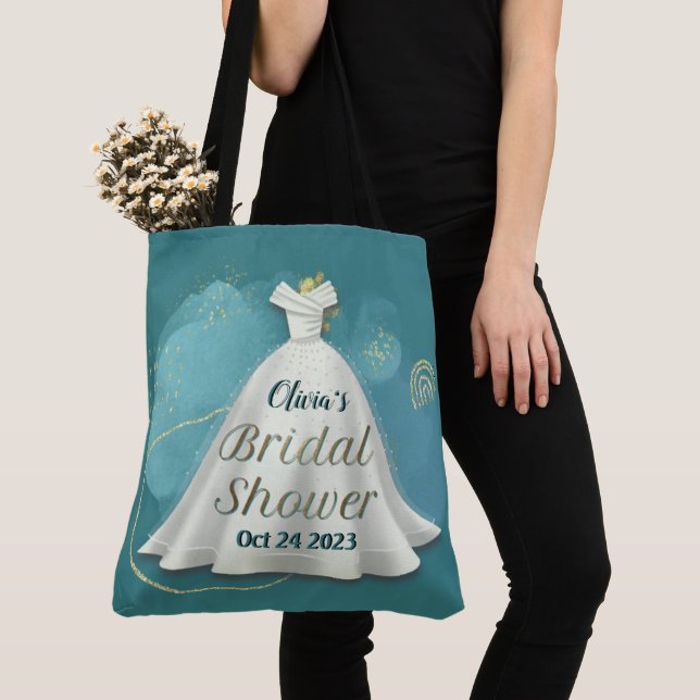Bridal Shower Wedding Gown Deep Teal Gold Glitter  Tote Bag (Close Up)