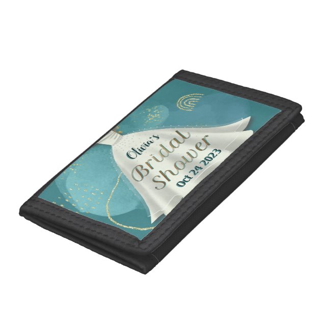 Bridal Shower Wedding Gown Deep Teal Gold Glitter  Trifold Wallet (Bottom)