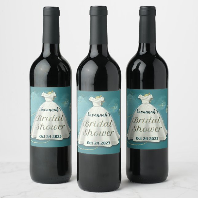 Bridal Shower Wedding Gown Deep Teal Gold Glitter  Wine Label (Bottles)