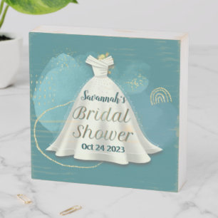 Bridal Shower Wedding Gown Deep Teal Gold Glitter  Wooden Box Sign