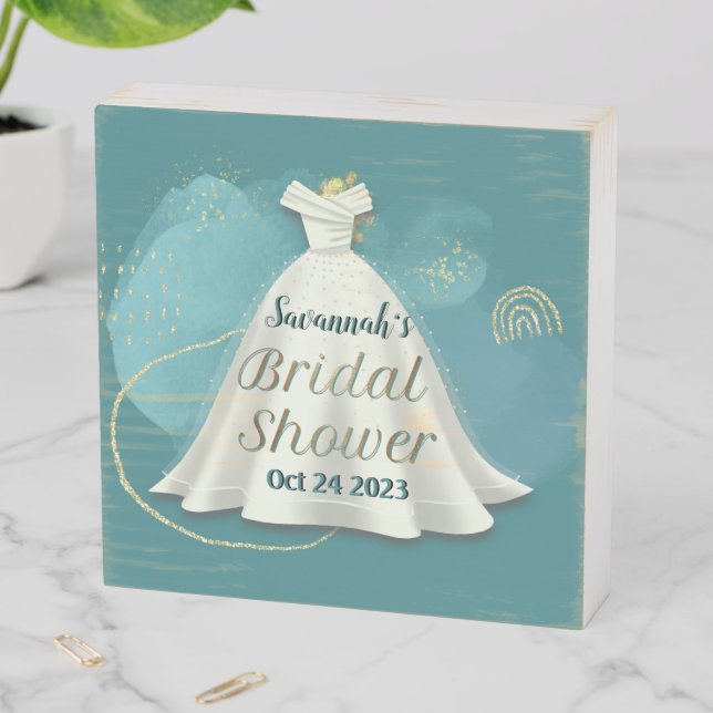 Bridal Shower Wedding Gown Deep Teal Gold Glitter  Wooden Box Sign (In Situ Horizontal)
