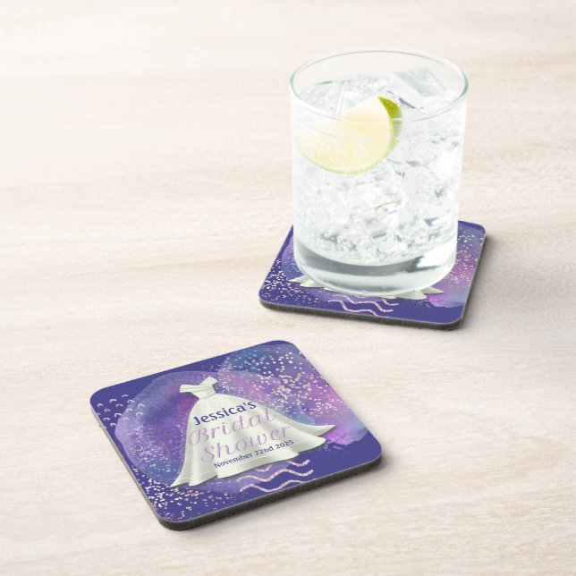 Bridal Shower Wedding Gown Purple & Rose Gold Glam Beverage Coaster (Right Side)