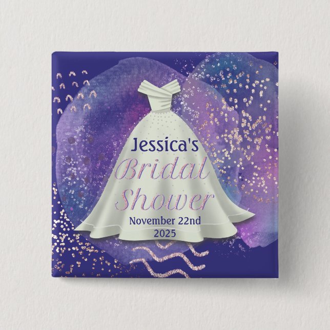 Bridal Shower Wedding Gown Purple & Rose Gold Glam Button (Front)