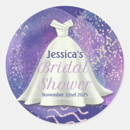 Bridal Shower Wedding Gown Purple  Rose Gold Glam Classic Round Sticker