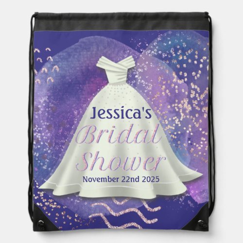 Bridal Shower Wedding Gown Purple  Rose Gold Glam Drawstring Bag