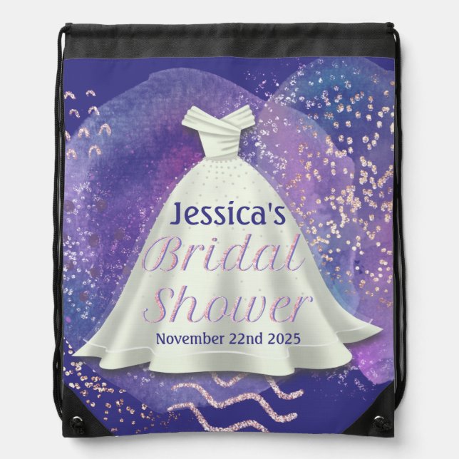 Bridal Shower Wedding Gown Purple & Rose Gold Glam Drawstring Bag (Front)